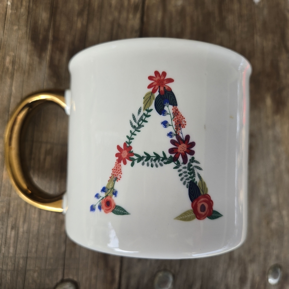 🌼 Opalhouse Floral “A” Monogram Mug Gold Handle Porcelain Boho Coffee Tea Cup🌼